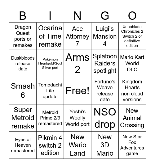 Nintendo Direct June 2026 Bingo Card