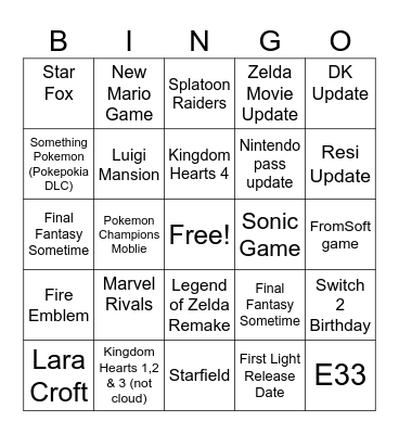 Nintendo Direct Bingo Card