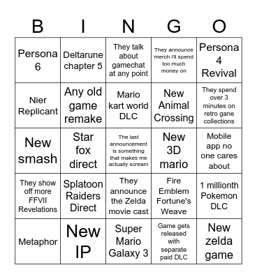 Nintendo Direct June 2026 Bingo Card