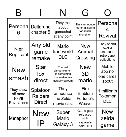 Nintendo Direct June 2026 Bingo Card