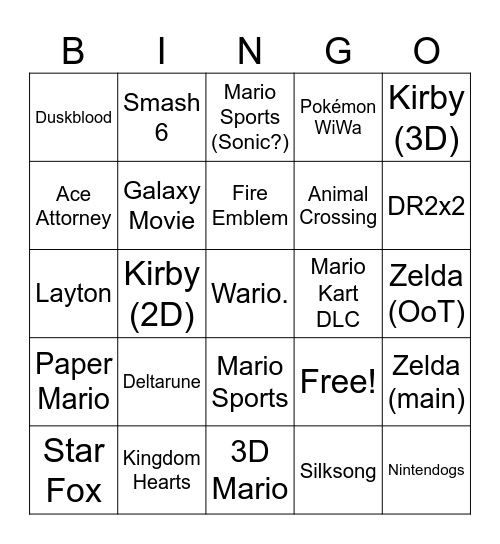 Nintendo Direct Bingo Card