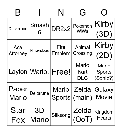 Nintendo Direct Bingo Card