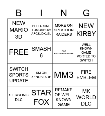 NINTENDO DIRECT!!!!! Bingo Card