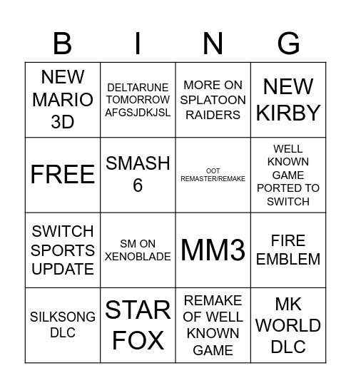 NINTENDO DIRECT!!!!! Bingo Card