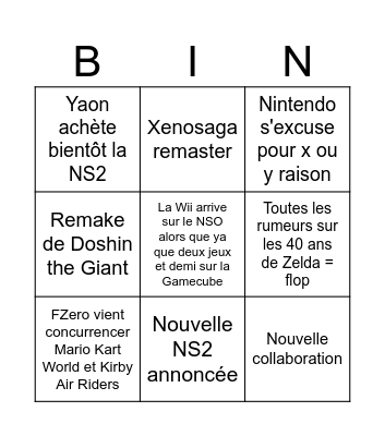 Bingo Nintendo Direct vraigrahy Édition Bingo Card