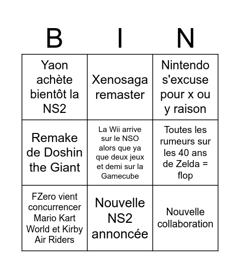 Bingo Nintendo Direct vraigrahy Édition Bingo Card