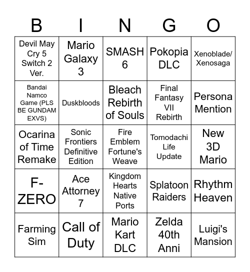 Nintendo  Direct 6.9.26 Bingo Card