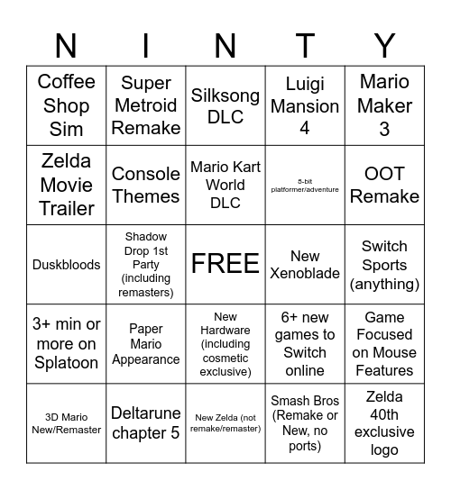 Nintendo Direct 6/9/2026 Bingo Card