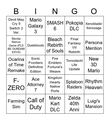 Nintendo  Direct 6.9.26 Bingo Card