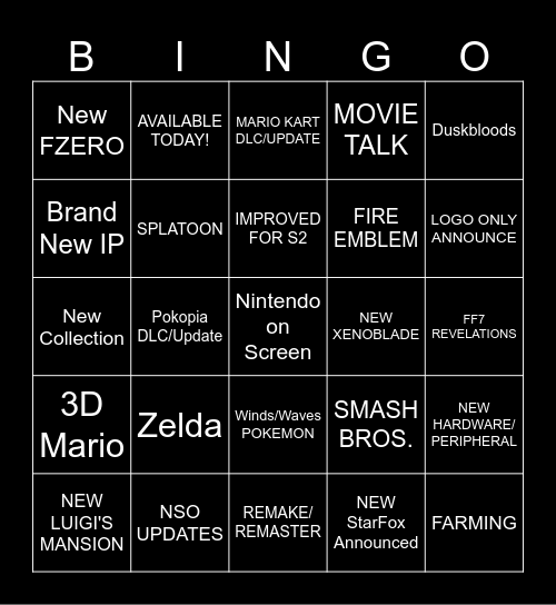 NINTENDO DIRECT Bingo Card