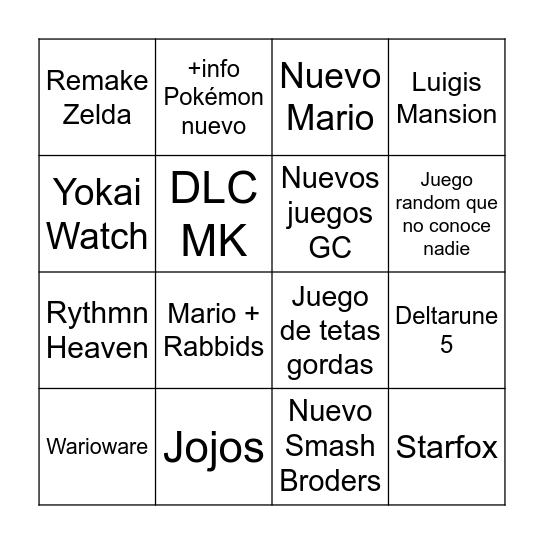 NINTENDO DIRECT Bingo Card