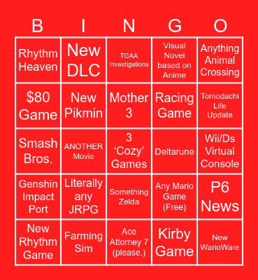Nintendo Direct 🫡 Bingo Card