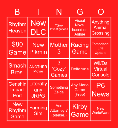 Nintendo Direct 🫡 Bingo Card