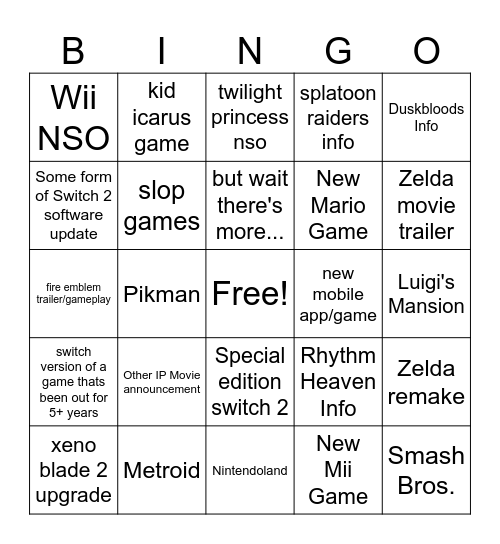 Nintendo Direct June 2026 Bingo Card