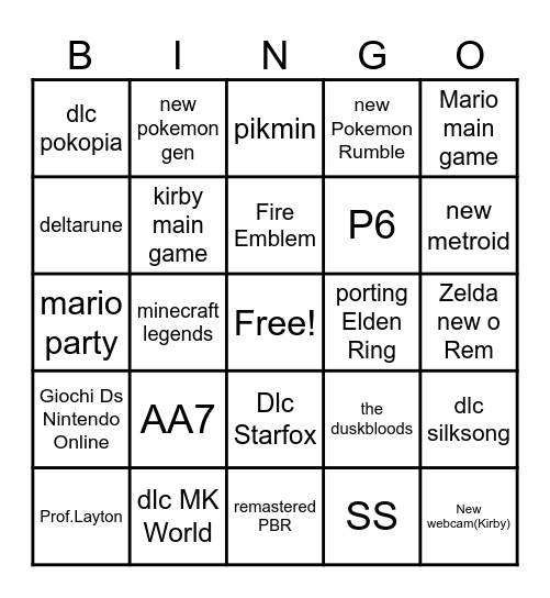 Nintendo Direct Bingo Card