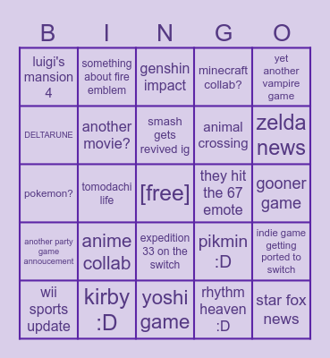 nintendo direct Bingo Card