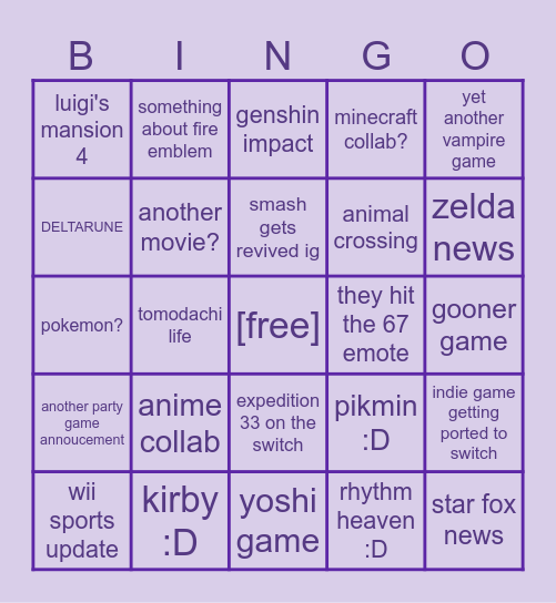 nintendo direct Bingo Card