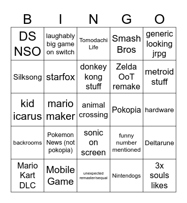 Nintendo Direct June 26 Bingo Card