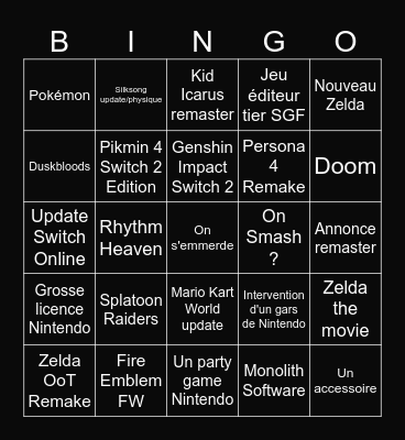 Nintendo Direct Juin 2026 Bingo Card