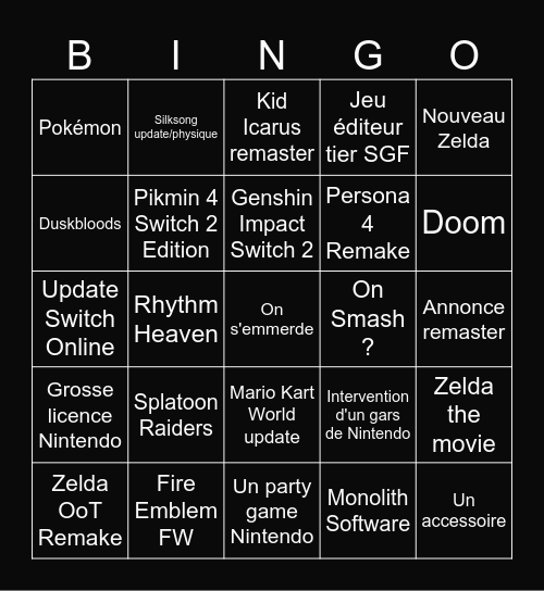 Nintendo Direct Juin 2026 Bingo Card