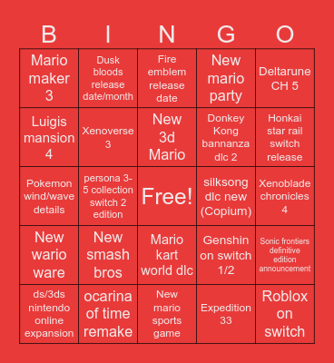 Nintendo direct bingo Card