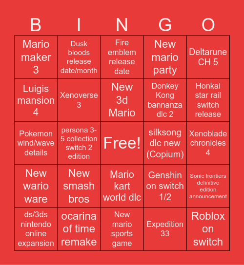 Nintendo direct bingo Card
