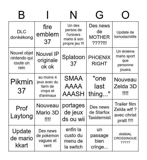 NINTENDO DIRECT 09/06/2026 Bingo Card