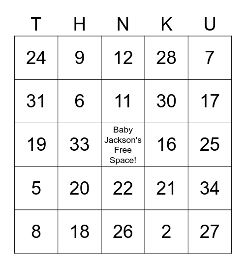 Jackson's Baby Shower Bingo Card