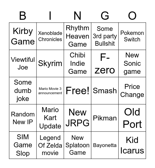 Nintendo Direct 2026 Bingo Card