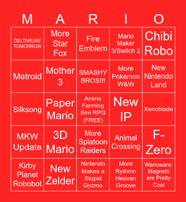 Nintendo Direct Bingo Card