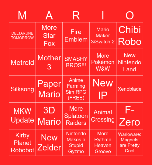 Nintendo Direct Bingo Card