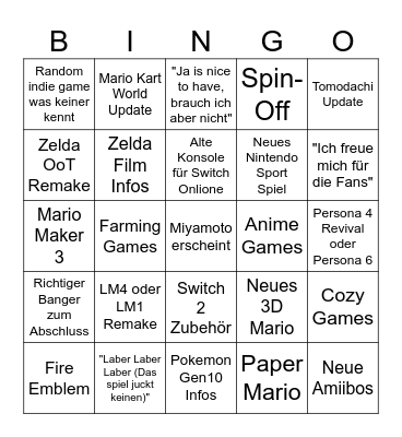 Nintendo Direct Juni 2026 Bingo Card
