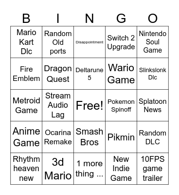Nintendo Direct Bingo Card
