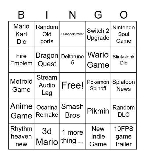 Nintendo Direct Bingo Card