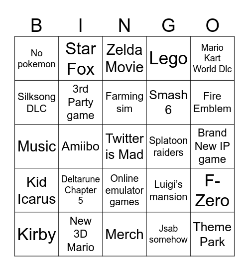 Nintendo Direct Bingo Card