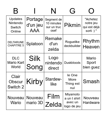 Nintendo Direct 09/06 Bingo Card