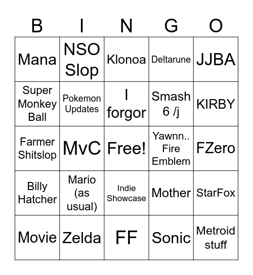 Fuckass Nintendo Bingo Card