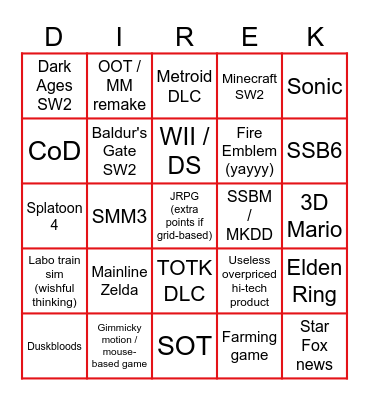 Nintendo Direct bingo Card