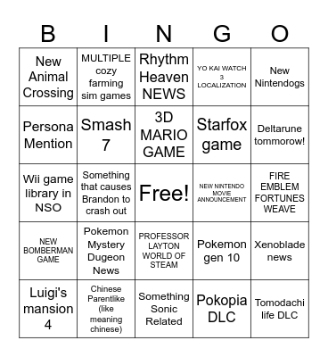 Nintendo Direct June Direct 2026 Bingo Card