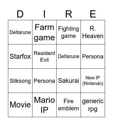 Nintendo direct Bingo Card