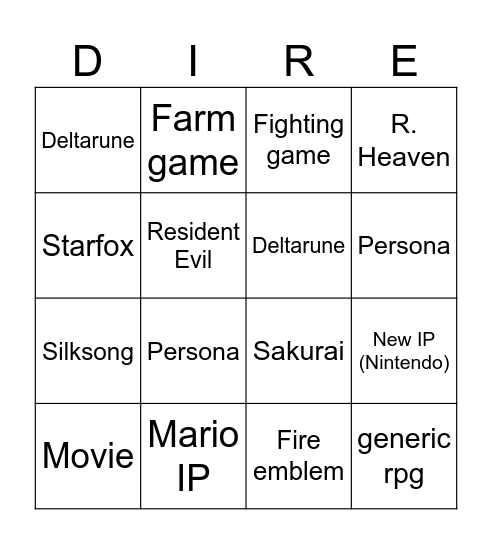 Nintendo direct Bingo Card