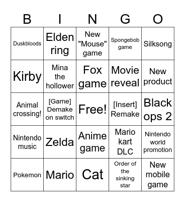 Nintendo direct Bingo Card