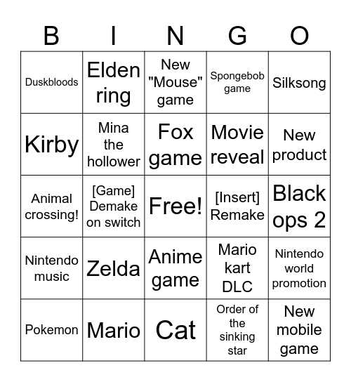 Nintendo direct Bingo Card