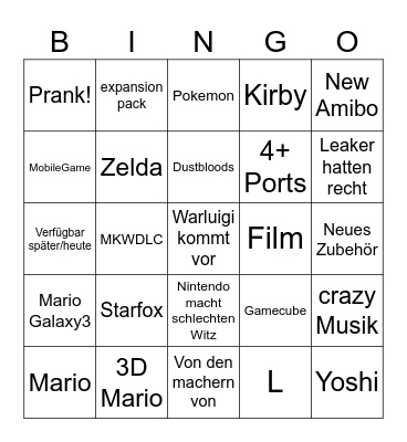 Nintendo direct Bingo Card