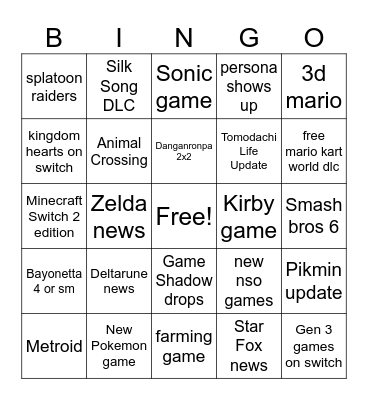 Nintendo Direct 6/9/2026 Bingo Card