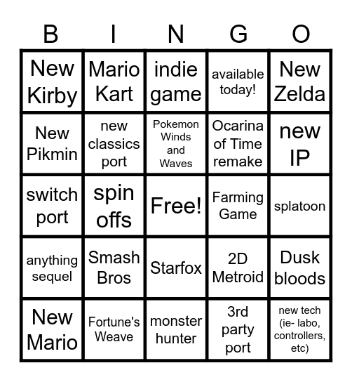 Jun 9 Nintendo Direct Bingo Card