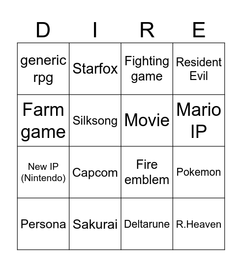Nintendo direct Bingo Card
