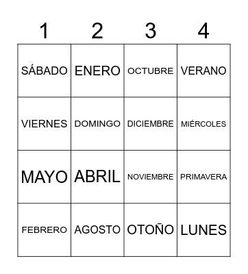 Días, meses, estaciones Bingo Card