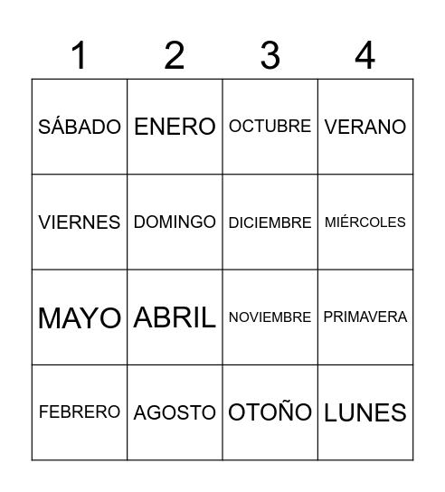 Días, meses, estaciones Bingo Card
