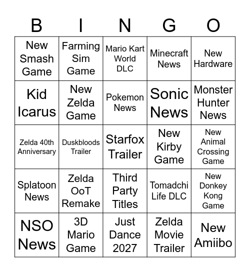 Nintendo Direct 2026 Bingo Card